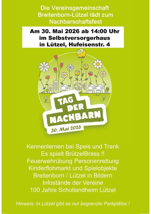 Flyer Nachbarschaftsfest der Vereinsgemeinschaft Breitenborn-Lützel am 30. Mai 2026 ab 14 Uhr im Selbstversorgerhaus, Hufeisenstraße 4