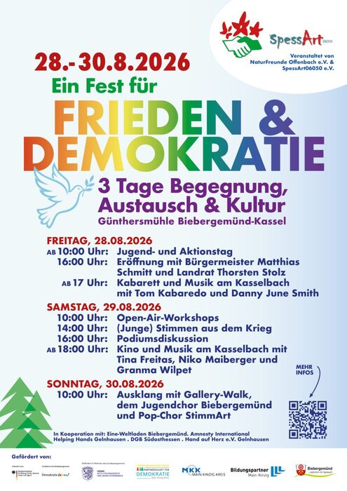 Plakat: Ein Fest für Frieden & Demokratie, 28.–30.08.2026, Günthersmühle Biebergemünd-Kassel